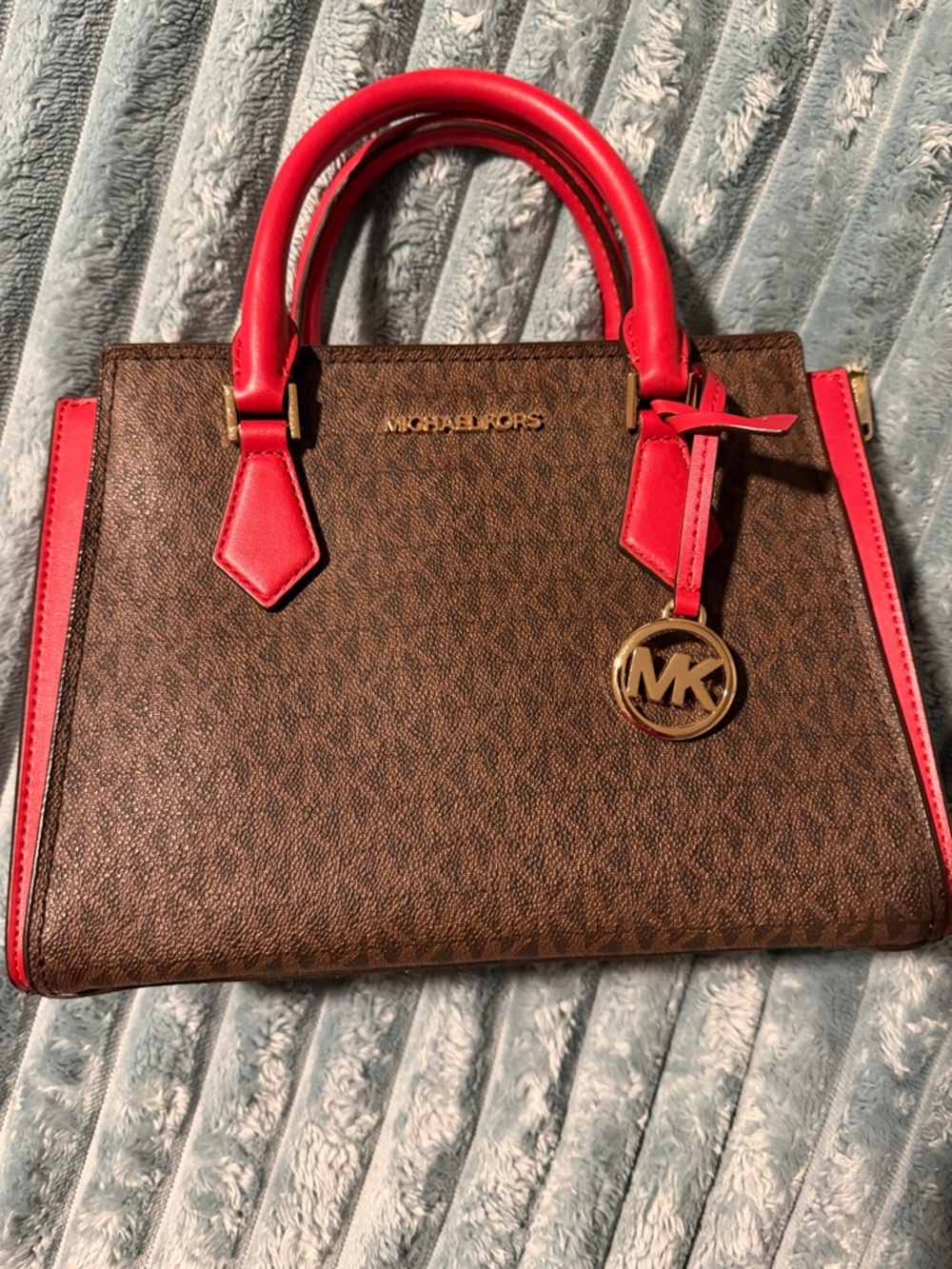 Michael Kors Brown Logo Satchel with Red Trim and Red Wallet - Picture 4 of 4